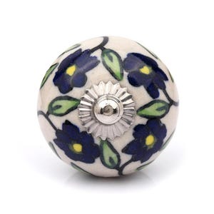 Blue Floral Ceramic Drawer Knob, Hand-Painted Cabinet Pull, Vintage Furniture Hardware, Boho Dresser Handle