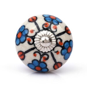 Hand Painted Blue Floral, Leaf Pattern Ceramic Knob, Vintage Dresser Handle, Farmhouse Cabinet Hardware