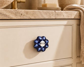 Hand Painted Flower Knob - Navy Blue Ceramic Cabinet Hardware for Boho Decor