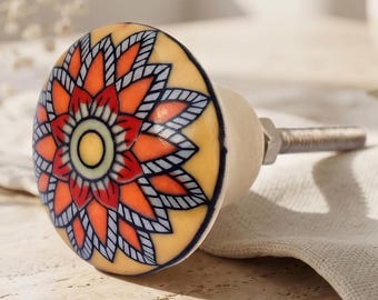 Handmade Ceramic Drawer Pulls - Bohemian Orange Flower Knobs for Dressers & Nightstands