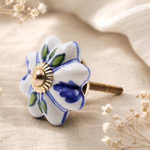 Bouton citrouille en céramique floral bleu peint à la main, poignée de tiroir bohème, quincaillerie de meubles de ferme