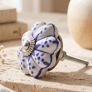 Blumenknopf Keramik Blau | Handbemalte Knäufe | Boho dekorative Hardware