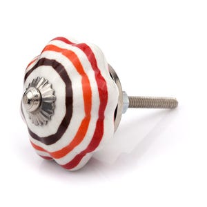 Bohemian Ceramic Drawer Knob | Fluted Flower Design in Orange, Brown & Red Stripes
