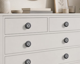 Schwarz Weiß Mandala Knäufe Keramik, handbemalt Boho Schrank Knäufe