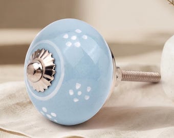 Blue Ceramic Cabinet Pull with White Dots | Handcrafted Drawer Knob | Stylish Dresser Hardware