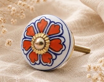 Orange Flower Ceramic Knob, Hand Painted Dresser Pull, Cottagecore Cabinet Hardware, Rustic Decor