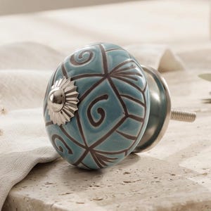 Turquoise Blue Floral Cabinet Knobs | Hand Painted Boho Drawer Pulls | Vintage Ceramic Handles