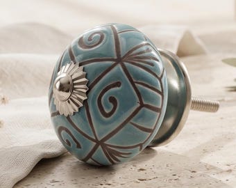Turquoise Blue Floral Cabinet Knobs | Hand Painted Boho Drawer Pulls | Vintage Ceramic Handles