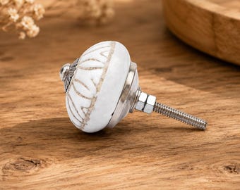 White Floral Ceramic Knob, Handcrafted Boho Cabinet Pull, Vintage Drawer Handle