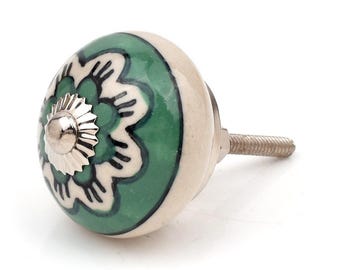 Hand Painted Flower Cabinet Hardware - Bohemian Green Ceramic Pulls for Kitchen & Home