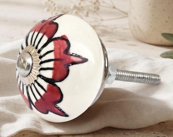 Bohemian Floral Ceramic Door Knobs - Hand-Painted Red Flower Hardware for Cabinets
