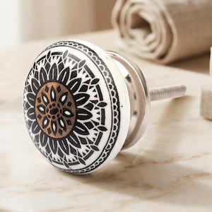 Black Gold Mandala Ceramic Knobs, Hand Painted Boho Drawer Pulls
