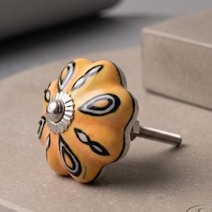Hand Painted Ceramic Pumpkin Knob, Yellow Boho Cabinet Drawer Handle