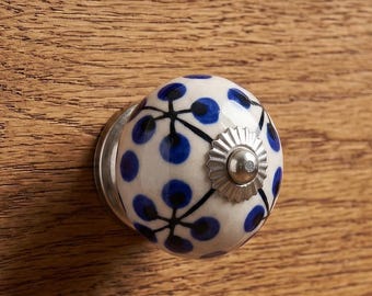 Hand-Painted Blue White Ceramic Floral Cabinet Knob, Boho Drawer Pull, Modern Vintage Hardware