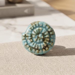 Handmade Ceramic Knobs | Turquoise Blue Ammonite Design for Cabinets & Dressers