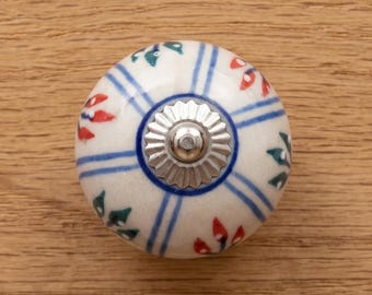 Hand Painted Floral Ceramic Knob, Blue Stripe Cabinet Pull, Boho Farmhouse Drawer Handle