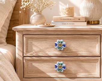 Hand Painted Blue Floral Ceramic Pumpkin Knob, Boho Drawer Handle, Farmhouse Furniture Hardware
