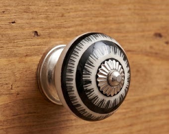 Hand-Painted Ceramic Cabinet Knob, Black White Stripe Dresser Handle, Minimalist Modern Drawer Pull