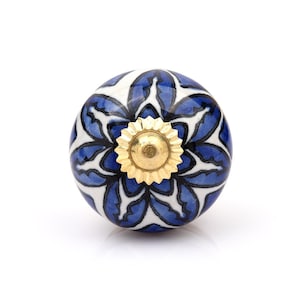 Blue White Floral Hand-Painted Ceramic Knobs, Round Boho Cabinet Drawer Pulls