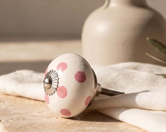 Handmade White Ceramic Drawer Pull | Pink Polka Dot Cabinet Knob | Rustic Boho Home Decor