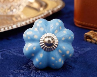 Hand-Painted Ceramic Flower Knob, Blue Beige Polka Dot Cabinet Handle, Boho Nursery Hardware