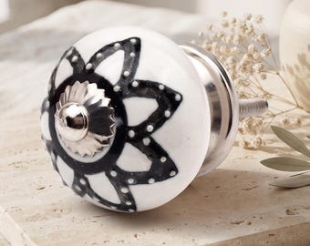 Black & White Floral Ceramic Cabinet Knobs | Handmade Boho Drawer Pulls for Kitchen and Furniture