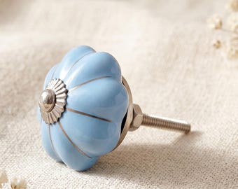 Hand-Painted Blue Floral Pumpkin Ceramic Drawer Knob – Vintage Cabinet Handle Pull
