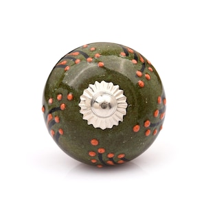 Hand-Painted Ceramic Drawer Knobs, Boho Round Cabinet Pulls, Olive Green and Brown Furniture Hardware