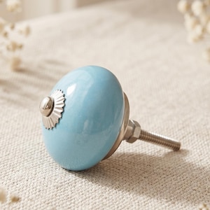 May include: A light blue ceramic cabinet knob with a smooth, rounded surface and a silver-toned metal base. The front of the knob features a small, decorative silver-coloured metal cap with a scalloped edge, and a threaded metal bolt extends from the back.