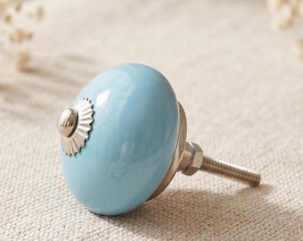 Blue Ceramic Drawer Knob, Orange Hand-Painted Boho Dresser Pull (Set of 1)