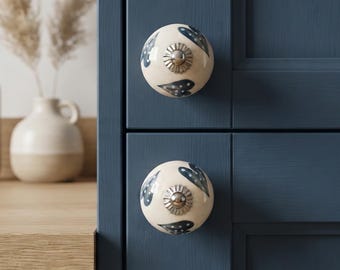 Hand Painted Blue Heart Ceramic Knob | Boho Dresser Drawer Pull | Vintage Kitchen Cupboard Handle