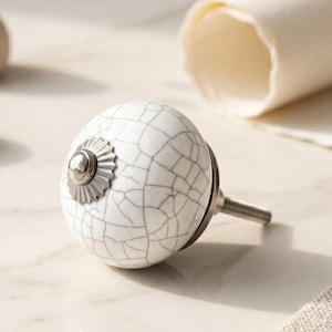 Antique White Crackle Glaze Ceramic Knob | Distressed Farmhouse Cabinet Hardware