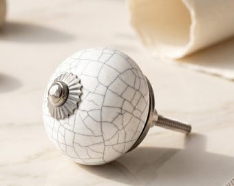 Antique White Crackle Glaze Ceramic Knob | Distressed Farmhouse Cabinet Hardware