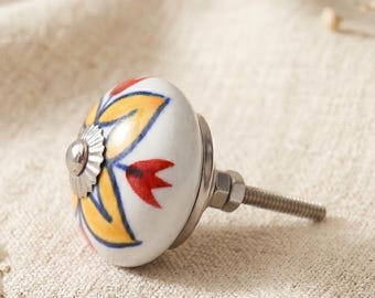 Hand Painted Ceramic Floral Knob, Boho Cabinet Pull, Farmhouse Drawer Handle