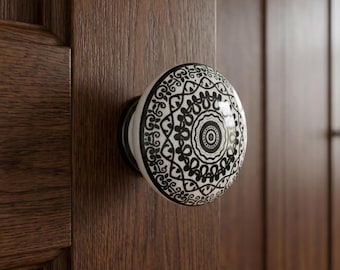 Handbemalte Keramik Mandala Knäufe, schwarz weiß Boho Schrank Knäufe
