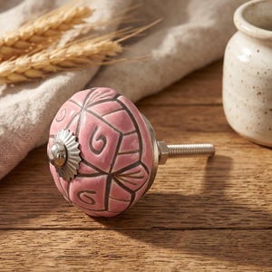 Hand Painted Pink Ceramic Floral Drawer Knobs, Vintage Boho Cabinet Handles