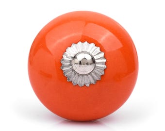Hand-Painted Orange Ceramic Drawer Knob, Boho Round Dresser Pulls, Cabinet Hardware