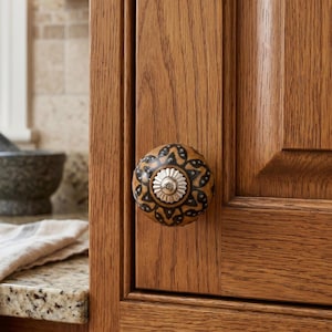 Hand Painted Ceramic Cabinet Knobs, Black Floral Round Drawer Pulls, Boho Furniture Handles