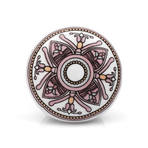 Pink and White Medallion Ceramic Flower Knob, Floral Drawer Pull, Vintage Cabinet Handle