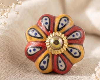 Hand Painted Ceramic Knob, Red Mustard Floral Pumpkin Pull, Boho Farmhouse Drawer Handle