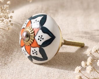 Handpainted Ceramic Knob, Teal Orange Mandala Floral Drawer Pull, Vintage Cabinet Hardware