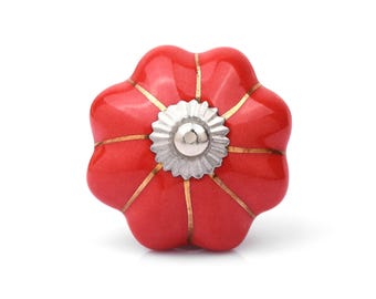 Hand-Painted Red Floral Pumpkin Ceramic Drawer Knob – Vintage Cabinet Handle