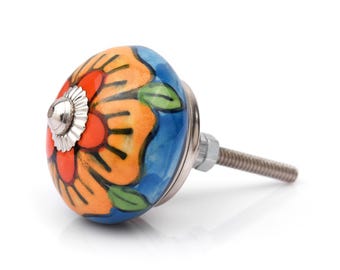 Hand Painted Boho Ceramic Knob – Orange Floral Cabinet Pull, Blue Base Furniture Hardware