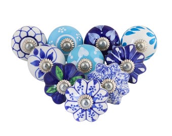 Hand-Painted Ceramic Knobs – Blue White Floral Boho Drawer Pulls (Set of 10)