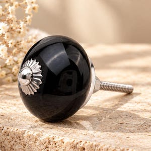 Hand-Painted Black Ceramic Knob, Boho Drawer Pull, Silver Crown Detail