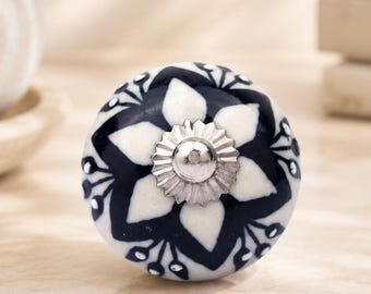 Hand Painted Black White Floral Ceramic Knob, Vintage Boho Drawer Handle