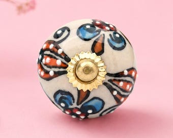 Hand Painted Ceramic Floral Knob, Vintage Blue Red Drawer Pull, Farmhouse Cabinet Hardware