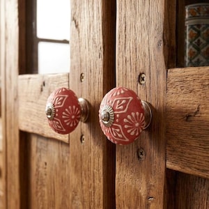 Puede incluir: Primer plano de dos pomos de armario estampados en rojo y blanco con herrajes plateados. Los pomos están montados en una puerta de armario de madera rústica. El armario es de madera envejecida.