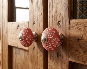 Hand Painted Ceramic Drawer Knobs: Coral White Floral Round Cabinet Pulls