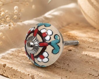 Artisan Ceramic Door Knob with Red & Blue Floral Design - Handmade Decor
